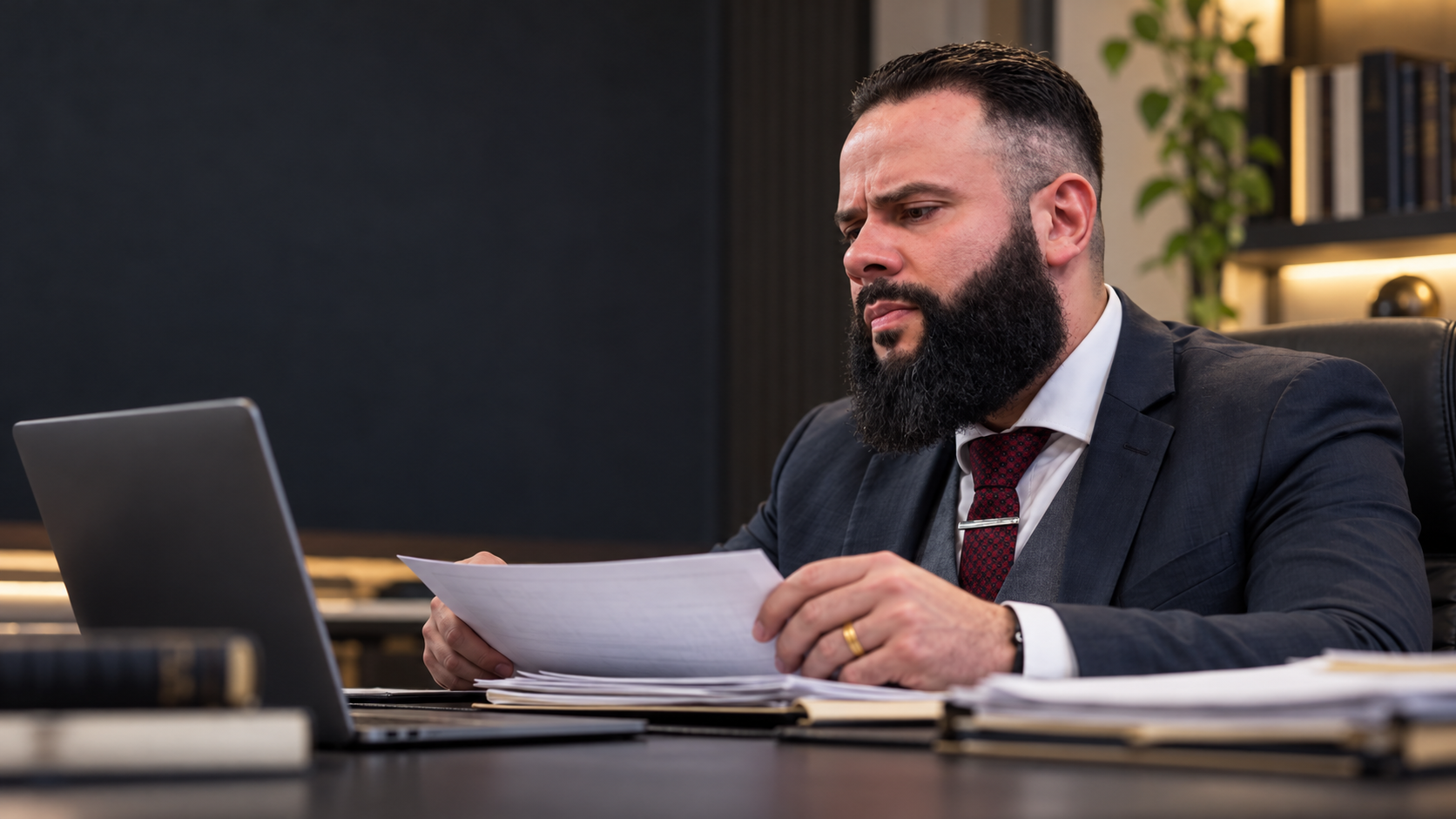 Giancarlo Teodoro à mesa de trabalho, com documentos e livros ao fundo