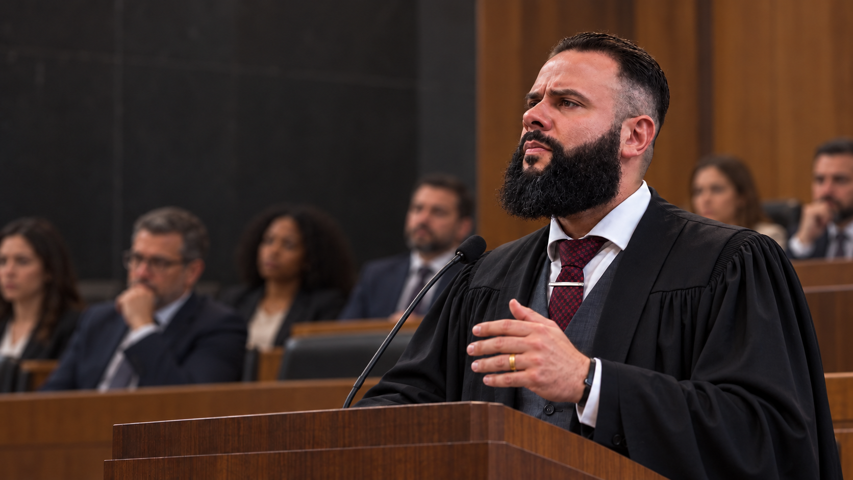 Giancarlo Teodoro de toga, ao púlpito do Tribunal do Júri, com a mão direita erguida enquanto fala ao microfone