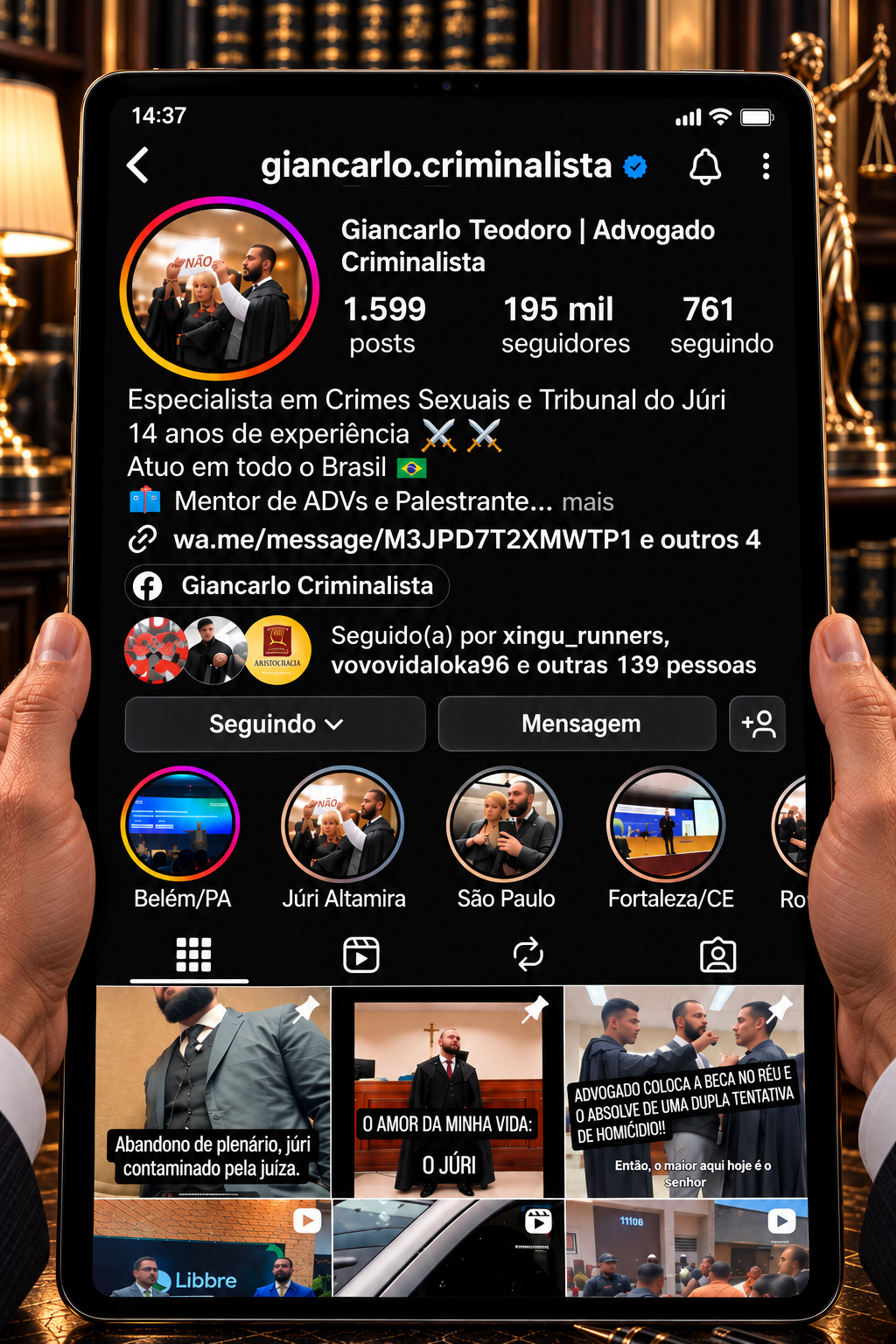 Perfil @giancarlo.criminalista no Instagram, com mais de 195 mil seguidores, exibido em tablet