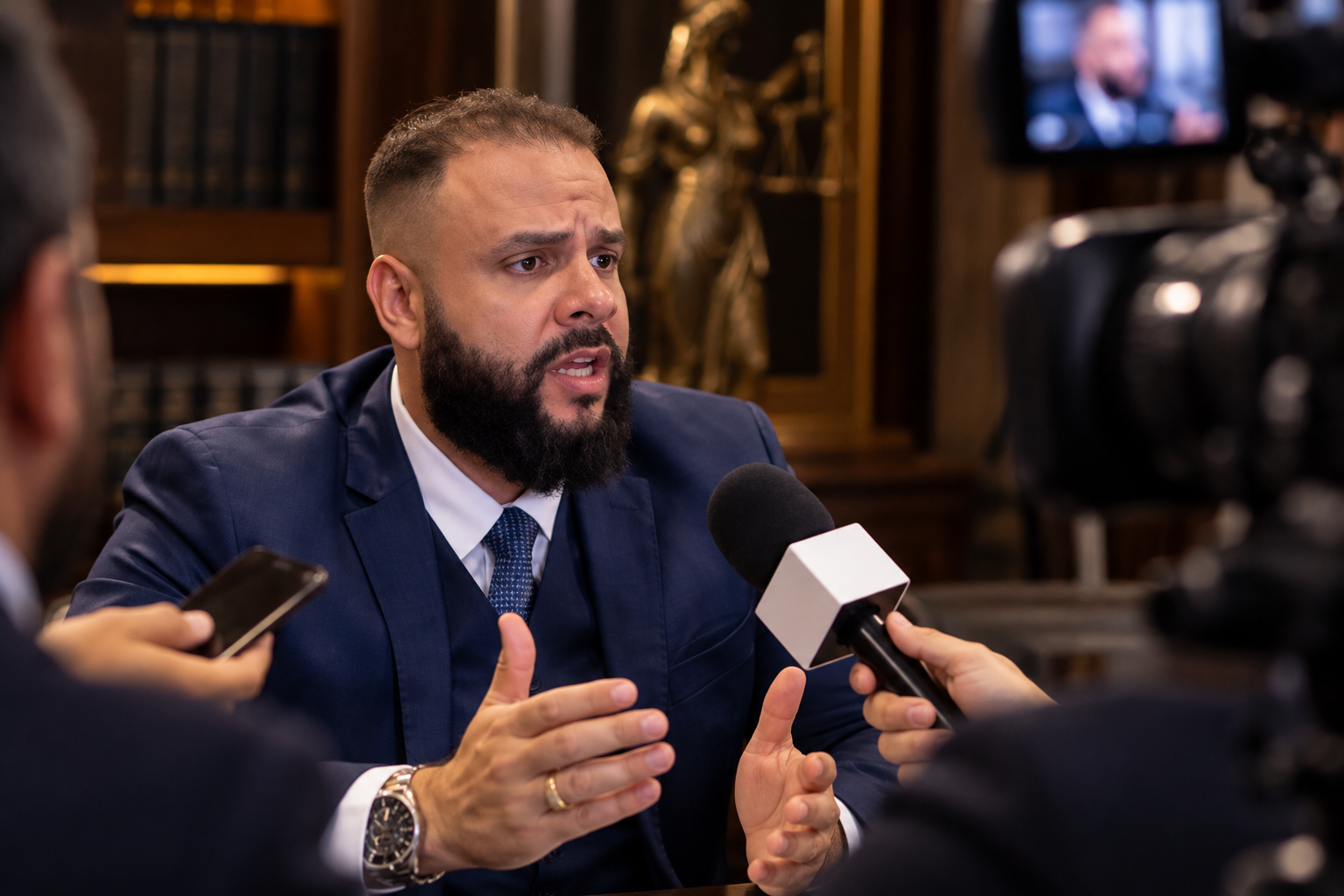 Giancarlo Teodoro em entrevista à imprensa, sentado, de terno escuro, falando e gesticulando, com microfone de TV e câmera à frente e estante de livros e estátua da Justiça ao fundo.