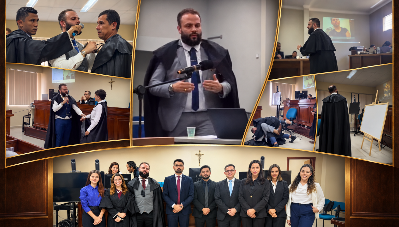 Montagem fotográfica de atuações no Tribunal do Júri: advogado à tribuna e em sustentação ao microfone, colegas de toga em plenário e registro final da equipe reunida.