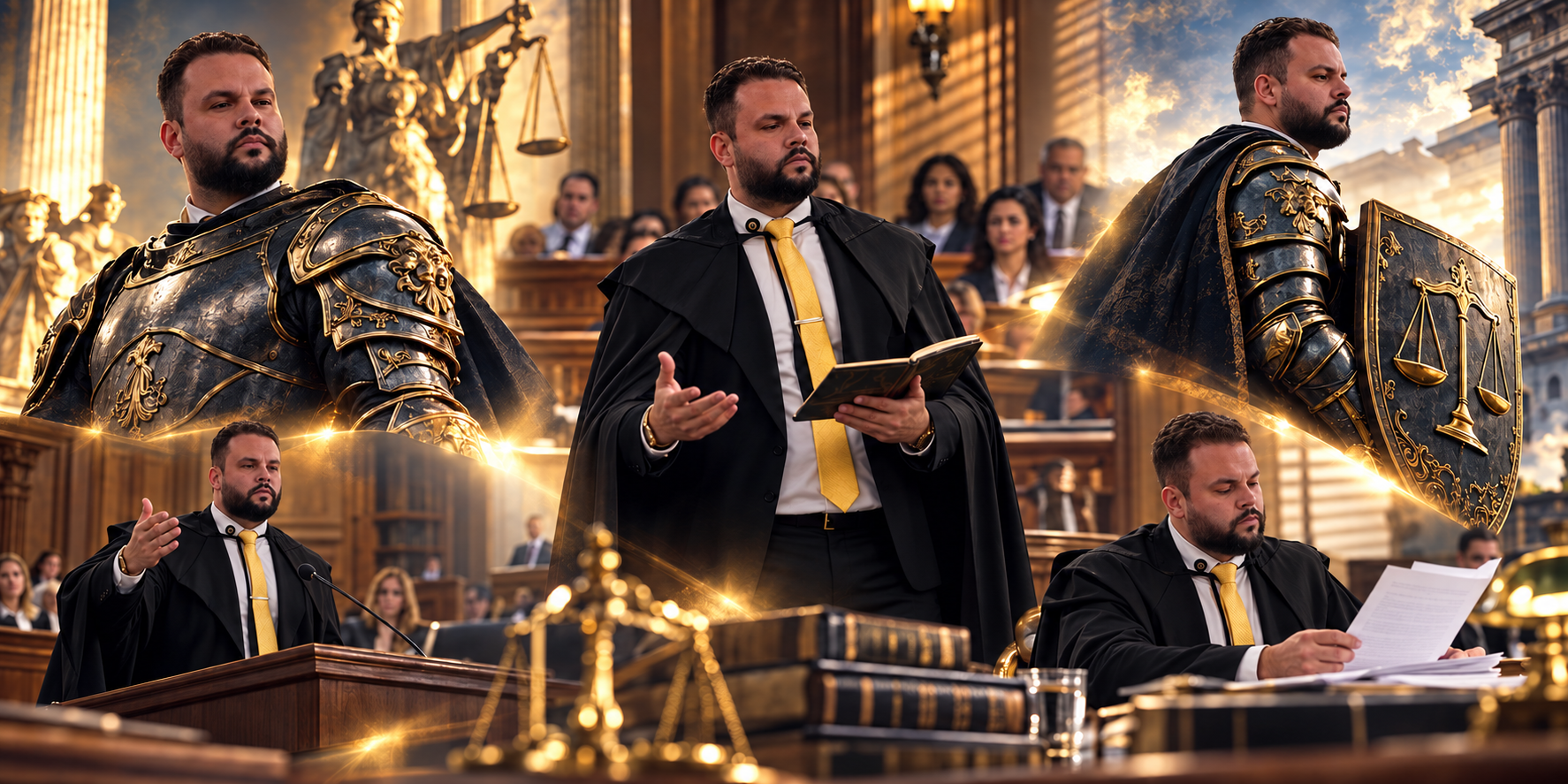 Composição institucional: Giancarlo de toga em plenário, à tribuna e em audiência, e caracterizado como cavaleiro diante da estátua da Dama da Justiça.