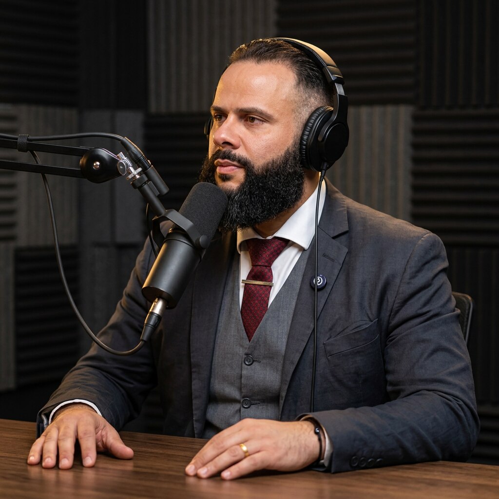 Giancarlo Teodoro em estúdio de podcast, com microfone e fones de ouvido.