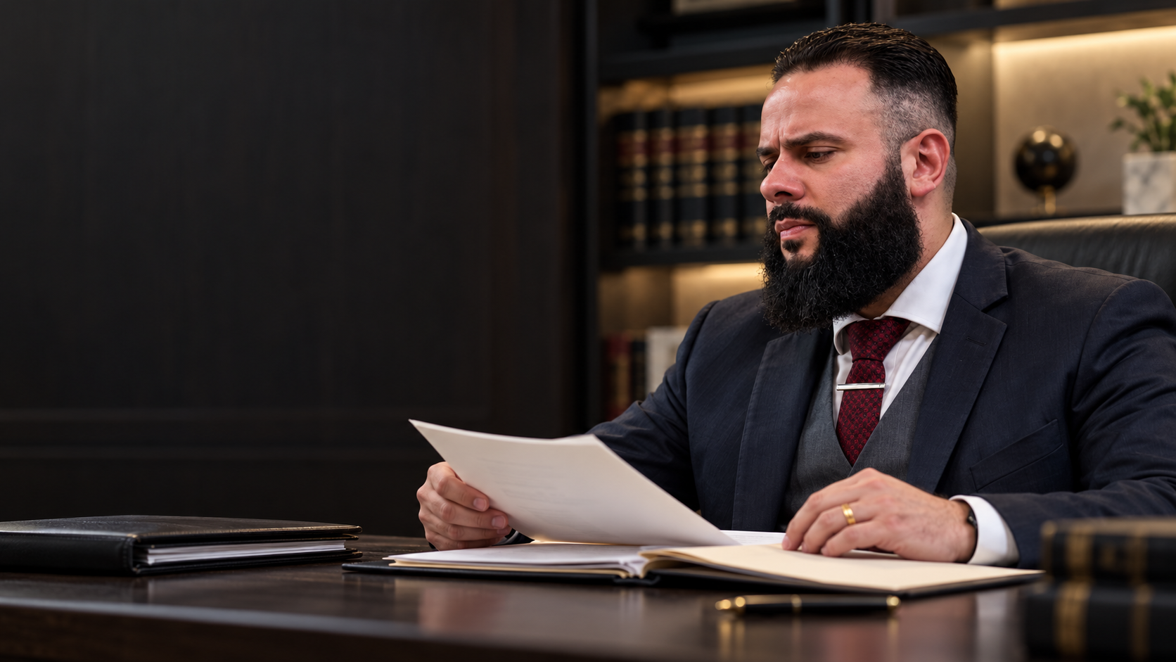 Giancarlo Teodoro à mesa de trabalho, com documentos e livros ao fundo
