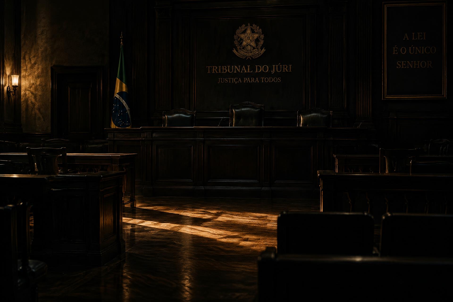 Plenário do Tribunal do Júri vazio, em luz baixa